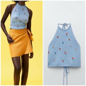 Halter knit floral top blue yellow Zara SMALL NWT